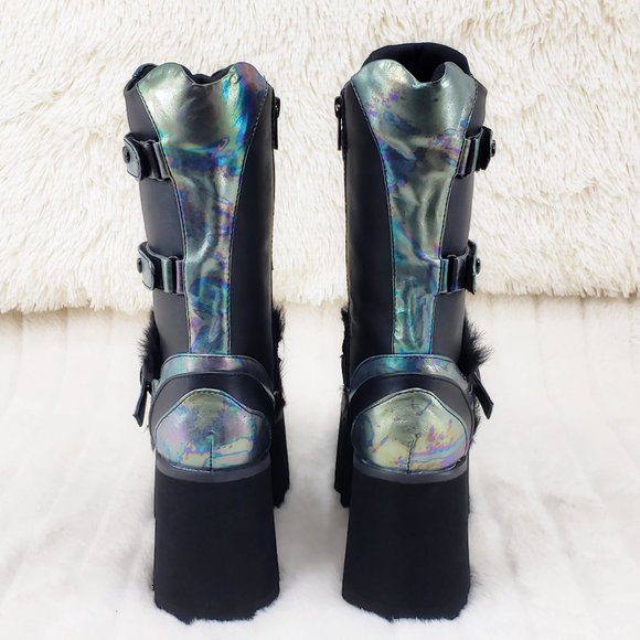 Ash Goth Punk Furry Mid Calf Platform Boots - Picture 7 of 15